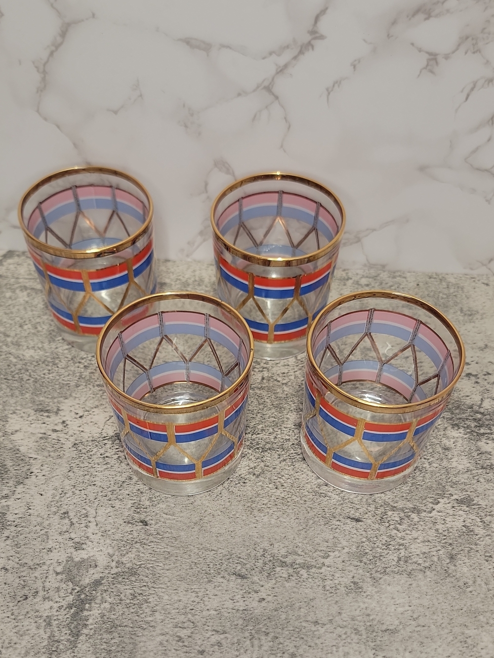 Vintage Fabrico Red and Blue Gold Rim Rocks Glasses Set of Four - Picture 2 of 9